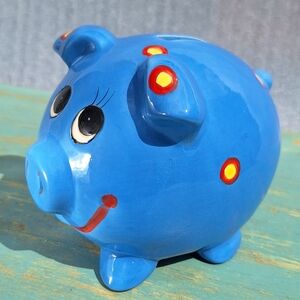 Vintage Piggy Bank Pig Collectible Blue Eyelashes Polka Dots Smiling Piggie